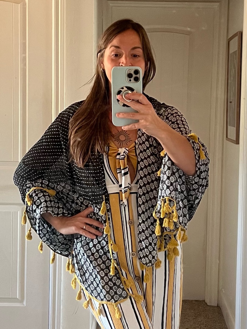 Black White Geometric Striped Yellow Tasseled Wide Long Scarf Wrap Cover Up